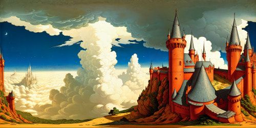 Emerging from billowing clouds, a majestic medieval castle in the heavens stands as a flawless masterpiece of intricate spires and towers, gleaming in the divine light, every stone and detail depicted in ultra high resolution, a celestial fortress beyond compare.