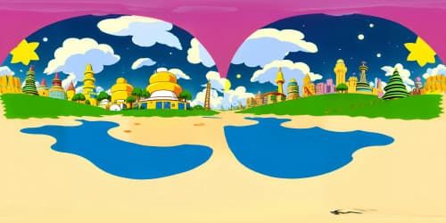 Simpsons-esque artistry, vibrant colors, Springfield under a cerulean sky in VR360, doughnut-shaped clouds, intricate Simpsons-style detailing, ultra-high resolution, masterpiece-quality VR360 view, Evergreen Terrace, iconic skyline, lively cartoon aesthetic