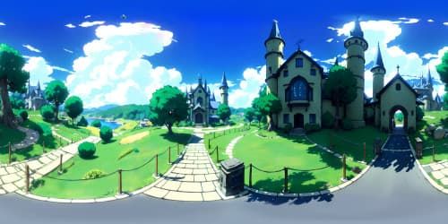 Ultra high-res masterpiece, fantasy realm, stunning VR360. Majestic castles, enchanting forests, magical creatures. Dreamy pastel skies, radiant sunsets, celestial bodies. Exceptional quality, VR360, fantasy art style.