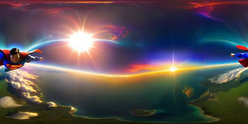 Superman silhouette against radiant sun, Earth perspective from space, cosmic rift generating dimensional energy, Ultra HD VR360. Rift's vibrant energy flow, digital painting style. Masterpiece, astoundingly detailed, VR360 scene.
