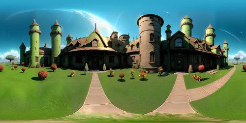 FNAF-themed VR360 scene, large abandoned pizzeria, ominous animatronics, moonlit corridors, rustic stage under spotlights, strewn party hats. Ultra high-resolution, eerie lighting effects, Pixar-style rendering, attention to texture detail. Perfect VR360 masterpiece.