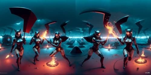 five evil female angels wearing black leotards with red trim_they have golden wings_the women have gold halos over their heads_one woman has dreadlocks_two of the women are  african american_they are flying_one woman is carrying a flaming green hammer.