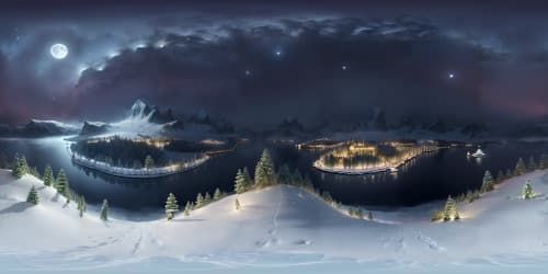 Masterpiece quality VR360, ultra-high resolution digital painting. Radiant moon reflecting in serene lagoon, snowy peaks bathed in ethereal mist, VR360. Sparkling astral constellations against the magnificent night sky. Wintery woodland cloaked in foggy mystery, supreme artistic expression.