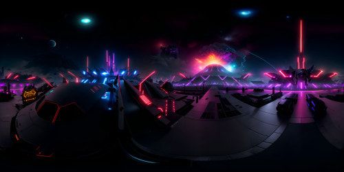 VR360 vision of ultra-high-res masterpiece, futuristic cityscape, metallic skyline shimmering under alien stars. Central massive, erupting volcano, pyrotechnic brilliance. Behemoth Gundam Unicorn Robot, luminescent in fiery glow, dominating skyline. VR360 panorama in anime style, accentuated details, intense luminescence.