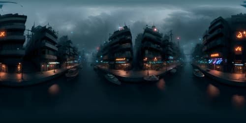 Ultra-high-res VR360, masterpiece quality, intricate cityscape criss-crossed by shadowy canals. Mysterious boats, palpable danger. Style: Film Noir