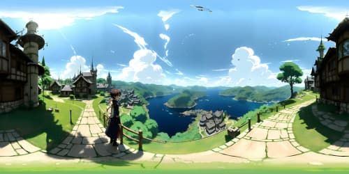 VR360 view, Sword Art Online-inspired, Kirito-Asuna-Klien digital rendering, ultra-high-res masterpiece, intricate detailing, sweeping landscapes, fantasy-style Aincrad castle, vibrant VR360 skies around, anime-style shading