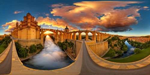 A flawless, high-resolution depiction of Puente De Ledesma in Salamanca during the golden hour of summer, stunning hues, intricate architecture, warm inviting glow, every detail crisp and vibrant, a true artistic masterpiece.