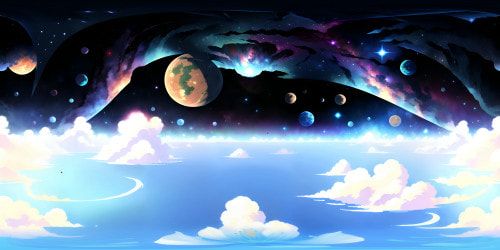 VR360 scene of cosmos grandeur, nebulae swirls in prismatic radiance, distant galaxies, star clusters, celestial bodies glittering. Pixar-style, ultra-HD resolution, glossy, smooth textures, iridescent tones, contrast depth. Overarching spectacle, VR360 immersive universe panorama.