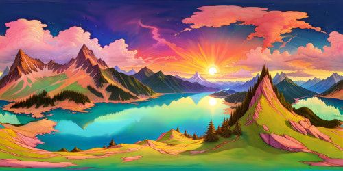 Masterpiece quality ultra-high res VR360 scene hidden lake nestled in enchanted mountains floating wyverns dotting the horizon Radiant sunset colors bleeding into the sky pastel clouds caught in the light VR360 panoramic view wyverns highlighted against the iridescent backdrop Realm of fantasy art the juxtaposition of ethereal mountain peaks tranquil lake majestic wyverns