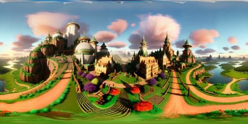 Pixar-style VR360 emerald skyline, bathed in sunset glow. Majestic poppy fields in technicolor brilliance, best quality masterpiece. Crystal river elegantly twisted through the scene, ultra high-res VR360 panorama. Luxurious textures painting an enchanting VR360 fantasy wonderland. Harmonious, high-quality render bringing Oz to life in stunning detail.