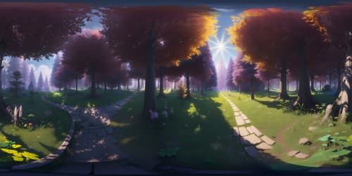 Masterpiece of a forest in fantasy style, ultra high-resolution VR360, enchanting treeline against a magical sky, towering trees with intricate details, Bio-luminescent flora, ethereal glow, VR360 ethereal fantasy wilderness.