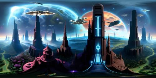 Ultra high-res Star Wars-city, towering skyscrapers, futuristic VR360 panorama. Iconic starships docked, neon-mist, city under a star-filled expanse. Masterpiece style, VR360 tableau, enhancing deep shadow detail, vibrant colors, best quality.