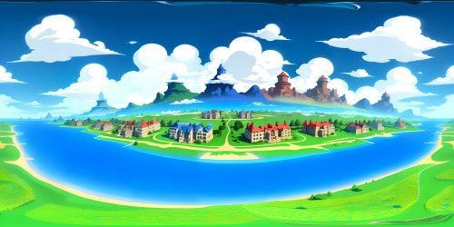 Masterpiece cartoon elegance, ultra HD fidelity. Pop-art clouds, VR360 view, vibrant color palette. Oversized, exaggerated sundae, top-tier cherry, cerulean blue backdrop. Suspended isle, caricatured townhomes, VR360 panoramic skyline, pronounced inked edges. Halftone dotted mountain range, cel-shaded first plane.