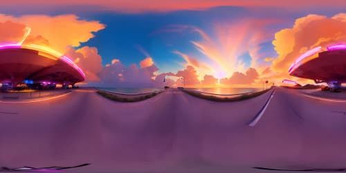 CARS on the seaside highway of Miami (orange and pink sky)