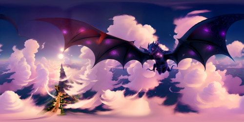 VR360 view: Grand dragon silhouettes, poised mid-flight, enveloped by rose-tinted clouds. VR360 horizon: A majestic sunset, painterly hues blending, deep oranges, purples. Detailing: Ultra high-res, Baroque style execution, ornate dragon scales, exquisite cloud textures, masterpiece quality throughout.