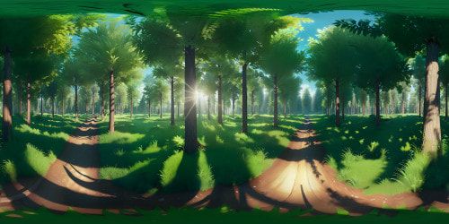An ancient forest with lush green grass and sunlight streaming through the treetops