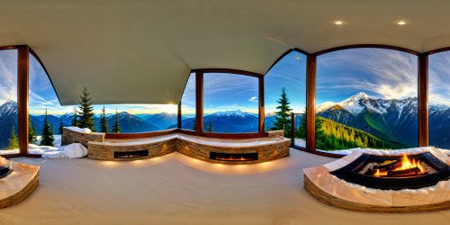 Nestled within a luxurious mountain retreat, a polished marble fireplace gleams in the soft glow of a crackling fire, framed by a vast window offering a panoramic view of snow-capped peaks and dense evergreen forests, crafted as an ultra-high-resolution visual marvel.