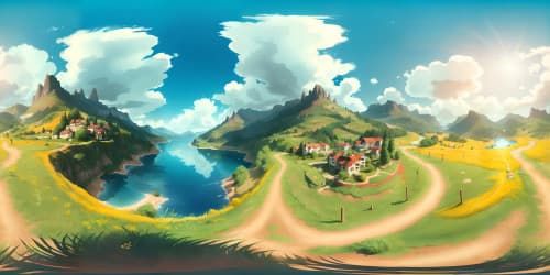 rolling hills with a lake, trees and a tower in the distance