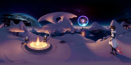VR360 Mewtwo in a grand, fantasy art style. Expansive, star-dusted background. Focus on Mewtwo's psychic aura. Glowing eyes, levitating pose, dynamic lighting, detailed textures for ultra-high resolution, VR360 visual spectacle.