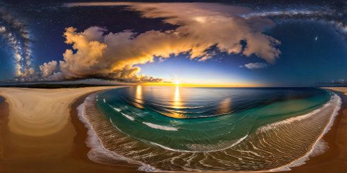A moonlit beach beneath a star-studded sky, pristine sands reflecting silver hues, crystal-clear waves gently lapping the shore, casting a serene and ethereal atmosphere in ultra-high resolution perfection.