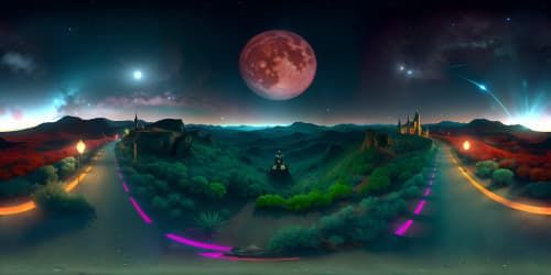 a red moon with a lot of blue an green stars above it