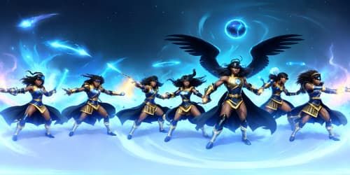 three black sorceresss with dark blue capes fly into battle . two are african american with dreadlocks. one is asain.one of them carries a staff with blue energy emanating from it.one has wings .