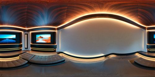 In a state-of-the-art, flawlessly designed dark home entertainment amphitheater, cutting-edge technology shines through every sleek surface; powerful audiovisual systems hum with futuristic sleekness, the room's atmosphere perfectly optimized for the ultimate gaming immersion with a stunning, razor-sharp forefront screen rendering mesmerizing visuals with pixel-perfect clarity.