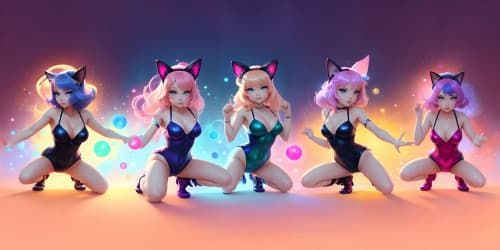five princesses_wearing pink leotards_one woman has blue eyes_two of the women are blonde_they are squatting_spread_arms above their heads_close up of armpit_ cat ears