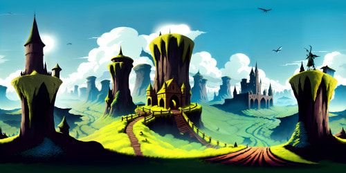 Gothic castle, towering spires, intricate carvings of bird statues. VR360 view, stone battlements, soaring archways. Swirling twilight skies, ominous dark hues, ultra high resolution. VR360 masterpiece, captivating textures, gothic artistic style. Crystal clear details, grandeur.