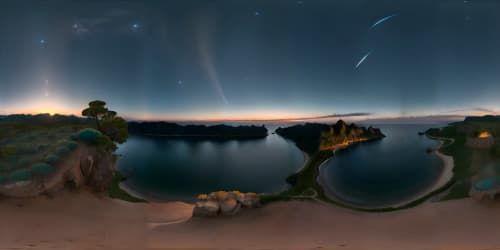infinite deep blue sea at night with sunsetting in the horizon with clear sky and shooting stars viewed from the sky