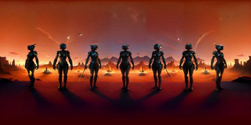 Surreal art style, five abstract figures, dark red leotard-like shapes, high boot contours, one with dreadlock motifs, four incompletes, one figure with a glowing mace feature, masterpiece-quality VR360 scene, ultra-high resolution elements, no nudity in VR360 scope.