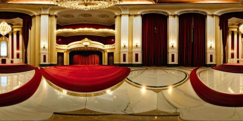 Immaculate grand theater hall, resplendent red velvet curtains, ornate gold accents, polished marble floors, crystal chandeliers casting a warm glow, flawless acoustics, high-definition opulence.