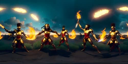 five african american females wearing dark red leotards with gold trim_they have golden wings_the women have gold halos over their heads_one woman has dreadlocks_they are flying_one woman is carrying a flaming green sword_