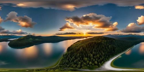 A flawless, ultra high-resolution image capturing a pristine lake encircled by lush, verdant trees, shimmering under the golden light of the setting sun, showcasing exquisite detail and unparalleled quality.