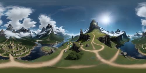 Ultra-high-res VR360 fantasy, Lord of the Rings-inspired masterpiece, expansive Middle-Earth landscape. Misty peaks, mighty forests, dwarf mines, elven glades. Enigmatic, elegant style, Pixar-like detailing, ethereal glow, complex spatial depth.