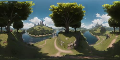 hobbit, view from bagend over green hills with one single big tree, river, sunny, the shire