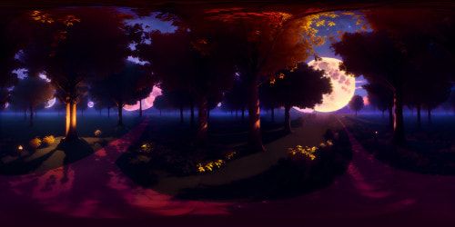 "Masterpiece quality, VR360 of Scorpios Rex silhouette against full moon, ultra high-res. Night ambiance, moonlight casting eerie shadows. VR360 perspective of towering trees, exotic foliage. Brushwork-embellished leaves sparkling in moonlight, style akin to baroque art."