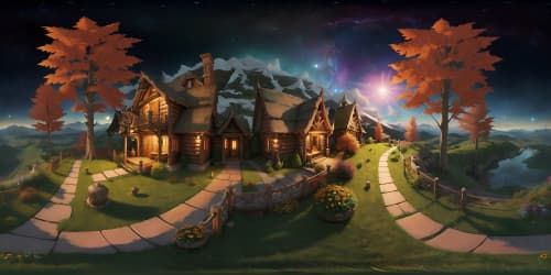 cabin on a hill over looking a field of colorful flowers and autumn leaves at night skyview