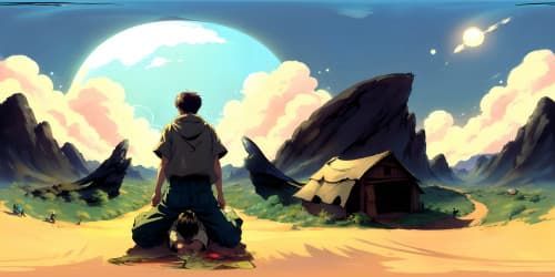 a man. shabby clothes on his upper body.With HUGE black-feather wings (kneel down on desert) (whole environment in dark)