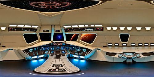 Sleek, futuristic spaceship interior inspired by Star Wars, featuring intricate control panels, blinking lights, polished metal surfaces, holographic displays, and a vast viewport overlooking a cosmic expanse, meticulously detailed in ultra-high resolution.