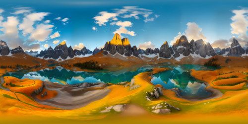 Ultra high-res Dolomites, jagged peaks, serene alpine lakes. Mid-autumn, soft sunset hues, golden larches. VR360 crisp clarity, photorealistic style, artistic finesse. VR360 immersion in nature's masterpiece.