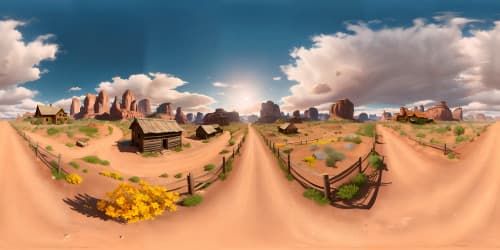 old west town plains and mountains in the distance with sunset skyview