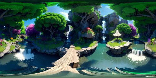 Trees with a water fall n to a pond
