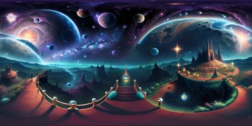 Ultra high res VR360 scene, masterpiece quality. Stellar galactic view: nebula clusters, spiral galaxies, star dust. Rich color depth, contrasts, exquisite details. Style: Digital realism.
