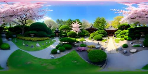 Masterpiece quality, ultra-high res, VR360 view of serene Japanese gardens. Zen stones, cherry blossoms in full bloom, Koi filled ponds, moss blanketed stone lanterns. Styled in lush anime, exuding tranquility. VR360 immersive feeling of peace, vibrant colors.