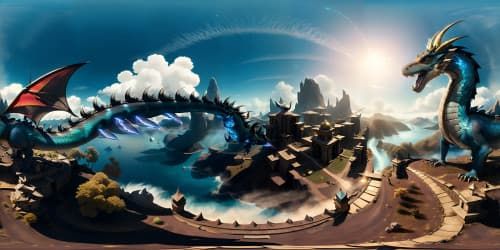 Ultra high-res VR360, masterpiece dragon, scale details, fire-breathing detail, pearl-like eyes, ethereal elegance. Fantasy art style, iridescent scales, glowing ember hues, skyward majesty. VR360 reveal of vast, dragon-dominated sky panorama.