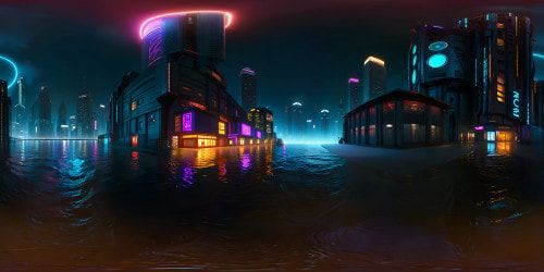 Cthulhu-style cyberpunk cityscape at night, animated mystery atmosphere, connotations of intrigue. VR360 scene: dystopian skyscrapers, eerie neon lights, labyrinthine alleys. Style: Lovecraftian horror, cyberpunk aesthetics, anime-infused visuals. Masterpiece quality, ultra-high resolution, VR360 view.