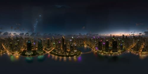 Masterpiece quality, ultra-high resolution, Miami skyline, nighttime panorama, neon-lit skyscrapers, ethereal moonlight, sparkling starfield, breathtaking VR360 vision, pixar-style illumination, grand palms silhouette, distant ocean sparkle.