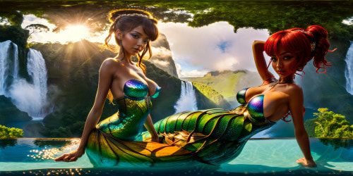 A flawless, towering waterfall cascading into a crystal-clear pool in a lush tropical rainforest, sunlight filtering through dense foliage, reflecting off droplets, creating a shimmering iridescent display.