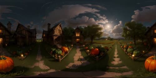 infinite corn field at night with pumpkins and scarecrows viewed from the sky